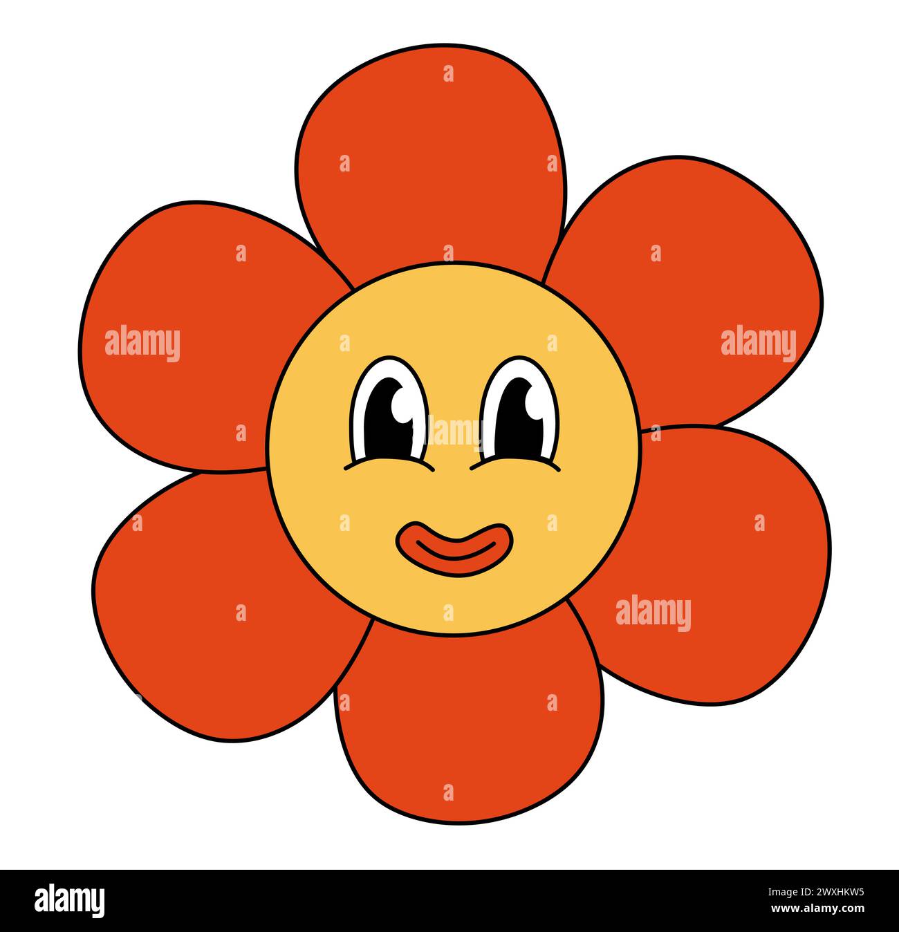 Rétro 70s 60s 80s Hippie Groovy Cute Red Flower. Visage souriant. ELEMENT de puissance de fleur. Illustration vectorielle isolée sur un fond blanc. Illustration de Vecteur