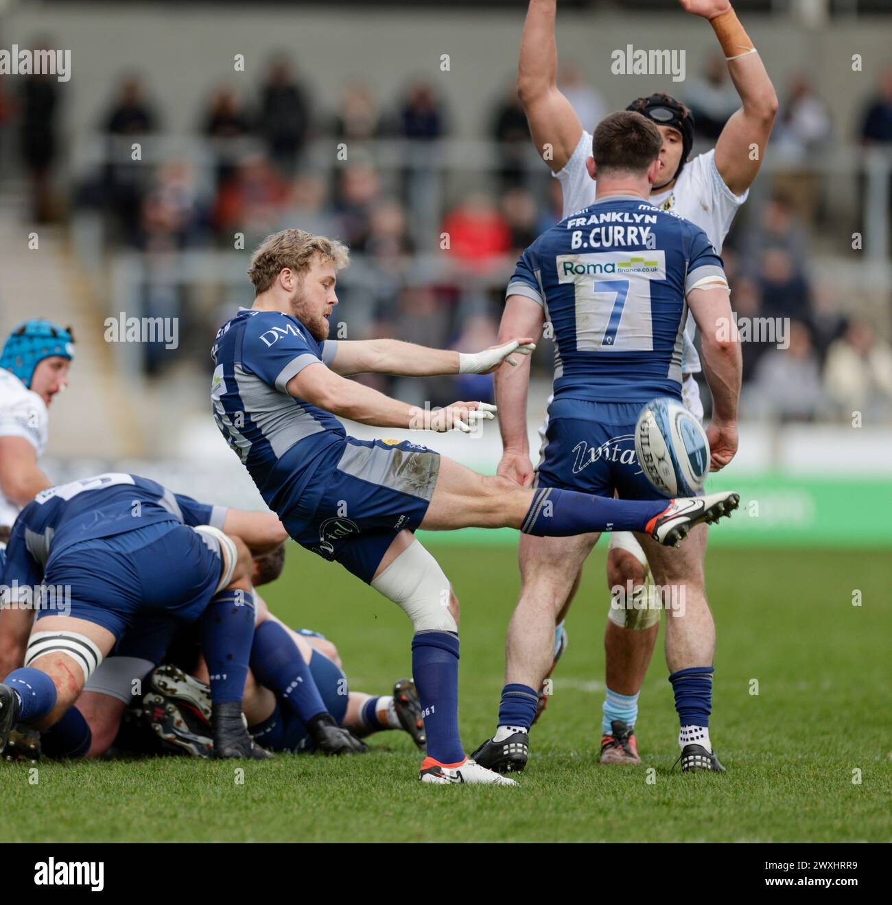 31 mars 2024 ; Salford Community Stadium, Salford, Lancashire, Angleterre; Gallagher Premiership Rugby, Sale Sharks contre Exeter Chiefs ; Gus Warr de Sale Sharks donne un coup de feu Banque D'Images