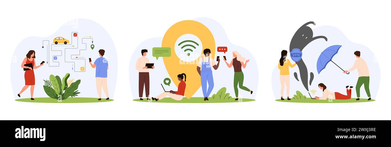 Navigation GPS en ligne, localisation d'épingle et services VPN définis. Des gens minuscules pointent la place locale sur la carte, les passagers contrôlent la route de taxi via l'application mobile, protègent l'accès avec l'illustration vectorielle de dessin animé parapluie Illustration de Vecteur