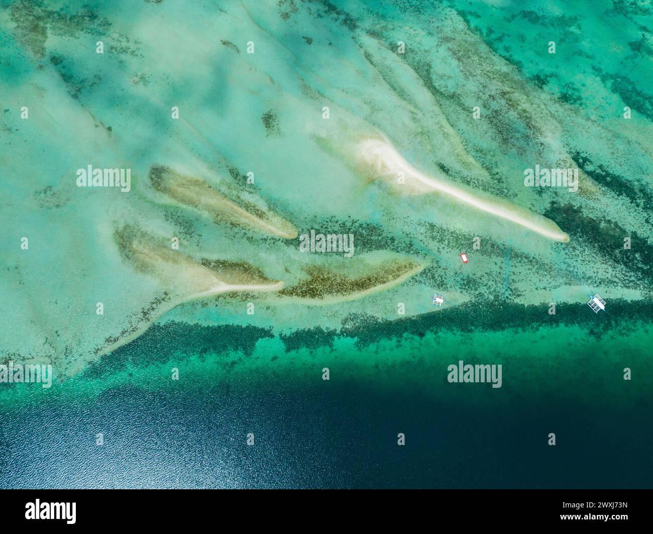 Vue aérienne du banc de sable et du récif corallien en eau turquoise. Negros, Philippines. Banque D'Images