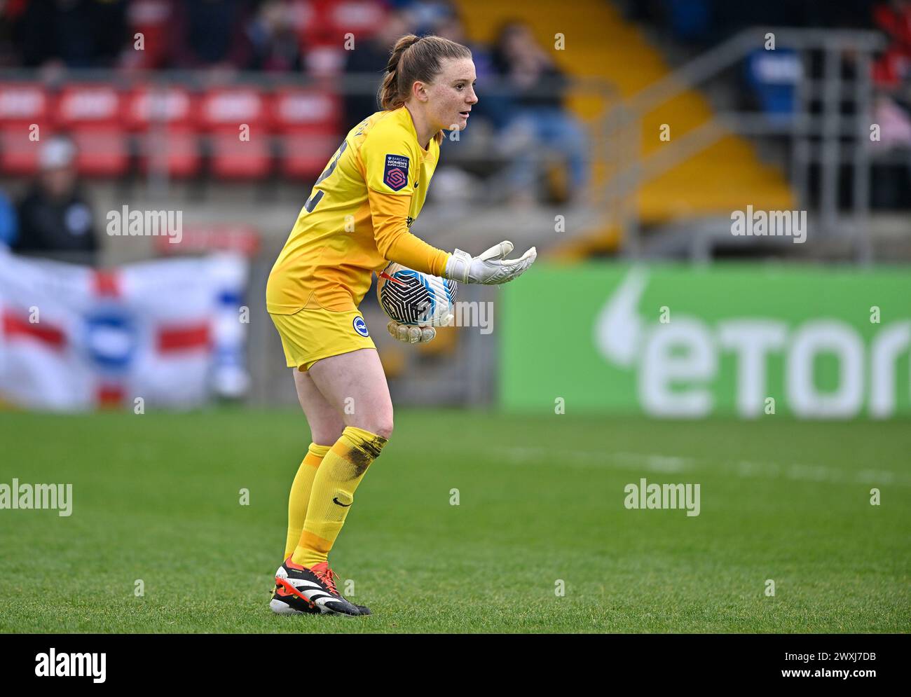 Dagenham, Royaume-Uni. 31 mars 2024. Super League pour femme. West Ham V Brighton. Chigwell construction Stadium. Dagenham. Sophie Baggaley (Brighton, gardienne de but) lors du match de Super League Womens de West Ham V Brighton au Chigwell construction Stadium, Dagenham. Crédit : Sport in Pictures/Alamy Live News Banque D'Images