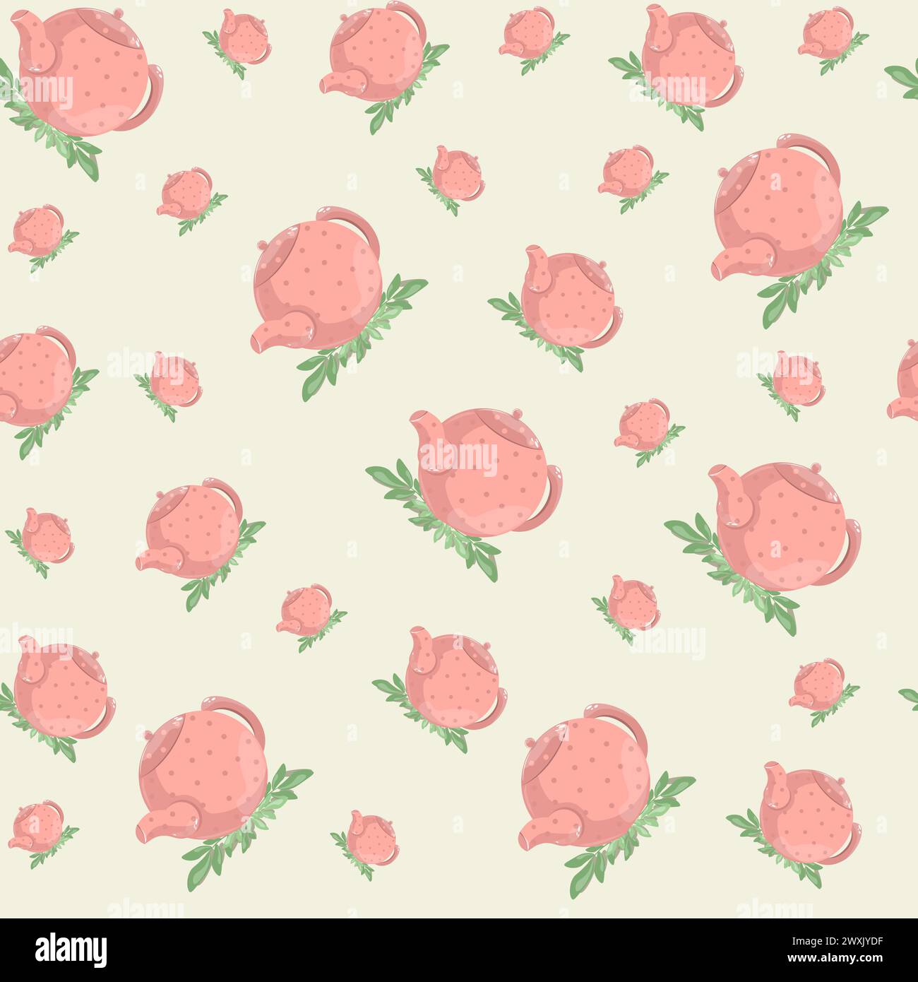Modèle sans couture avec théières roses et feuilles sur fond de couleur claire. Vaisselle de dessin animé. Tea Party. Illustration vectorielle. Illustration de Vecteur