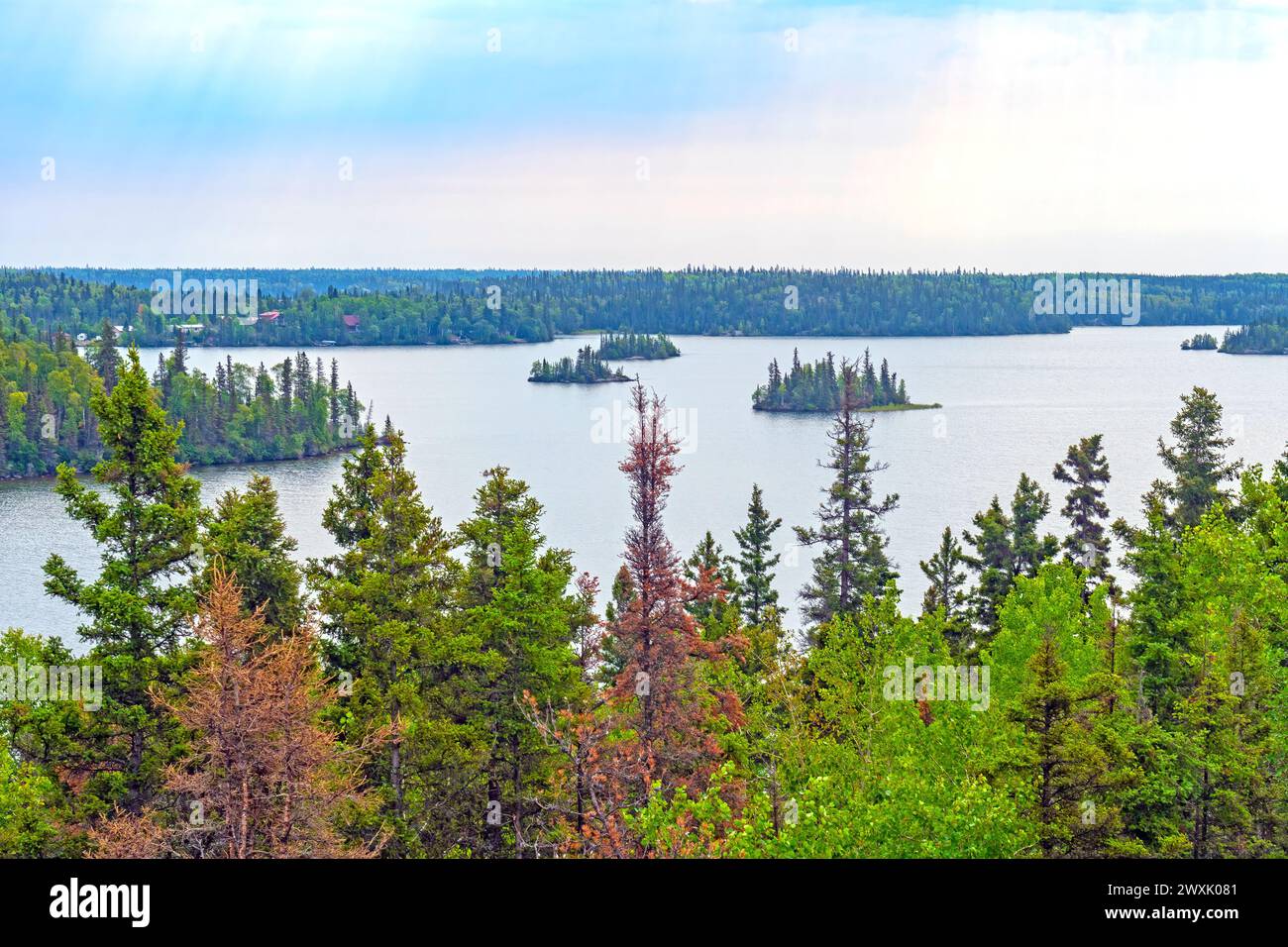 Vue lointaine des lacs et des forêts depuis une tour du parc provincial Baker Narrows au Manitoba Banque D'Images
