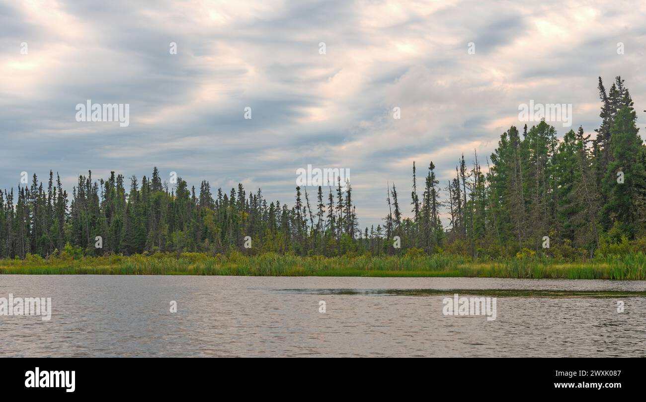 Scudding Stratus Cloud zoomant dans le ciel sur le lac Whitefish au Manitoba Banque D'Images