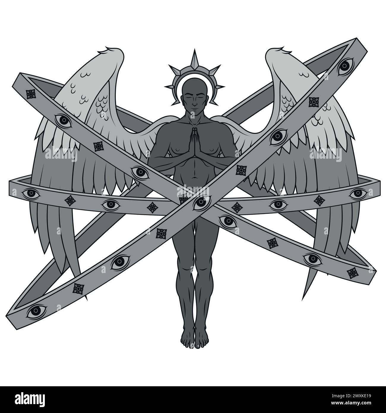 Conception vectorielle de l'ange priant avec des cerceaux, trône angélique de la religion catholique, archange avec halo Illustration de Vecteur