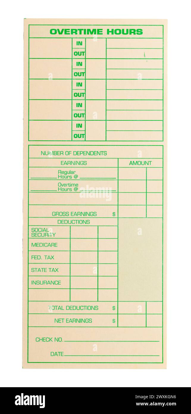 Carte de pointage des heures supplémentaires découpée sur blanc. Banque D'Images