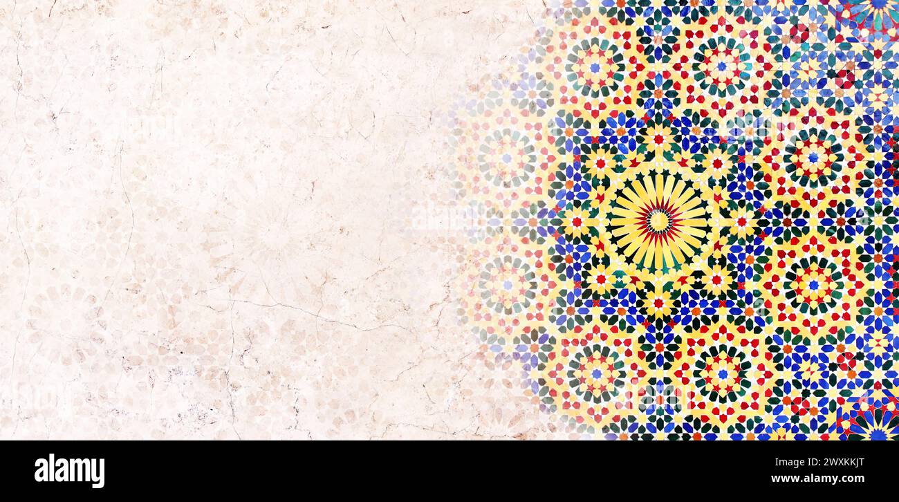 Détail de mur traditionnel persan mosaïque avec ornement géométrique et floral, Iran. Arrière-plan horizontal ou vertical avec carreaux de céramique. Maquette Banque D'Images