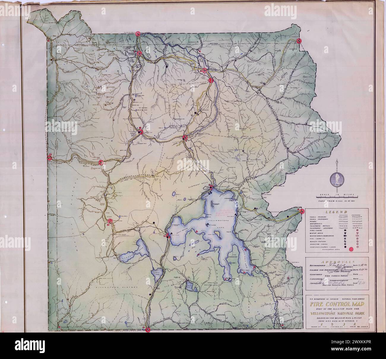 Carte de lutte contre les incendies pour le parc national de Yellowstone CA. 1932 Banque D'Images