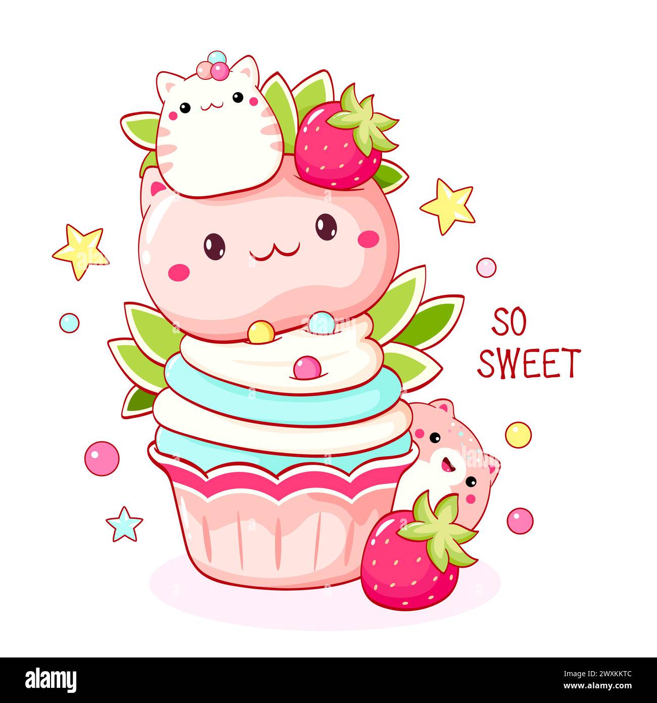 Dessert mignon en forme de chat dans le style kawaii. Gâteau, muffin et cupcake à la crème fouettée et aux baies. Inscription si douce. Peut être utilisé pour l'impression de t-shirts, s Banque D'Images