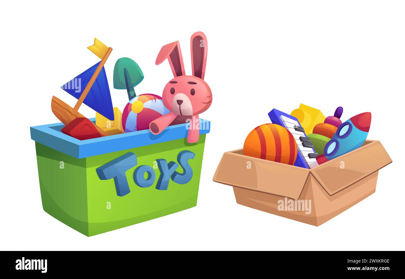 Boîte à jouets pour enfant avec cadeau pour jouer vecteur isolé. Balle bébé enfant, bateau et fusée bourrés dans le paquet complet pour don. Animal lapin en peluche avec piano dans un récipient en carton à la maternelle ou à la boutique Illustration de Vecteur
