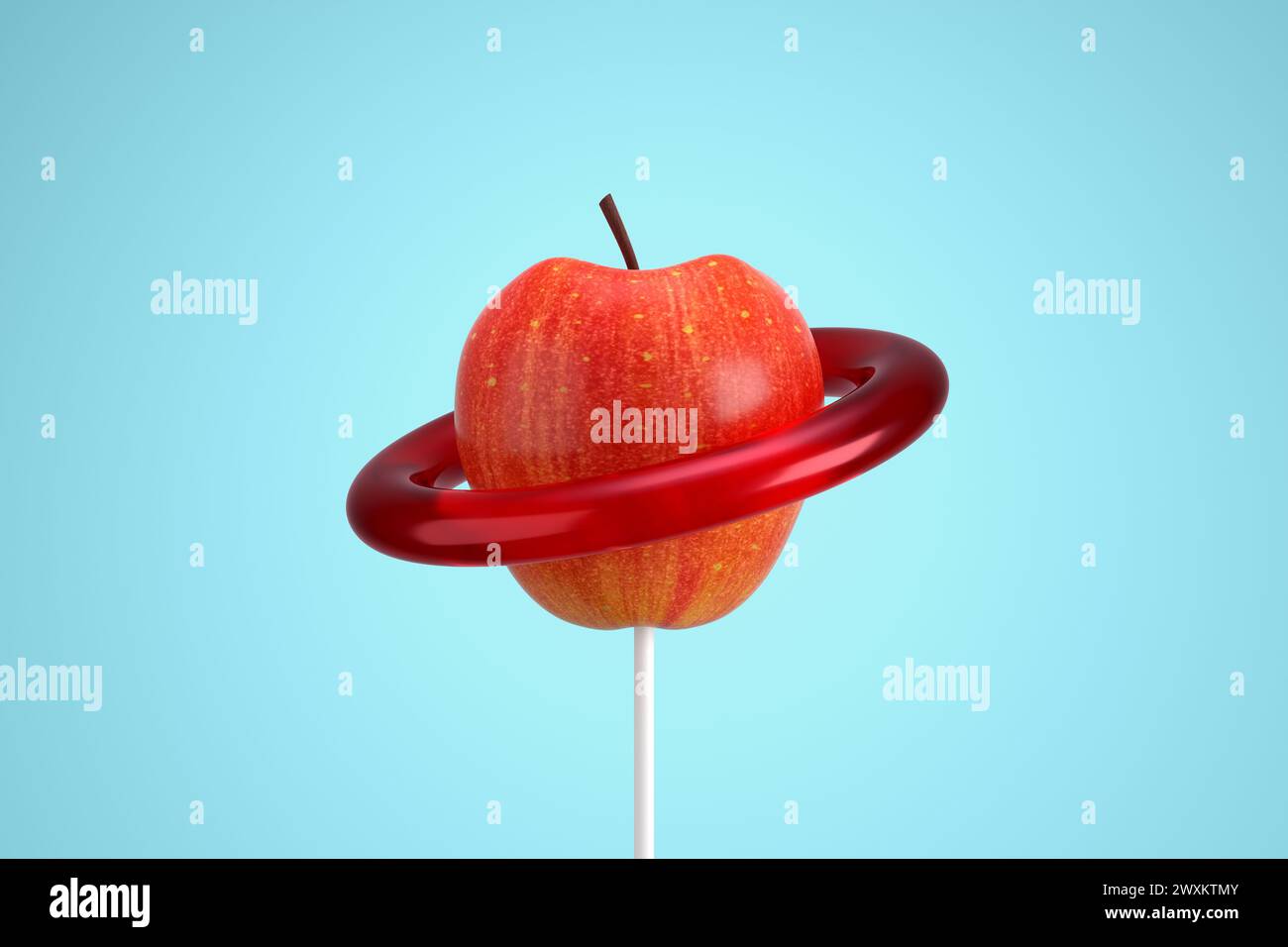 Planète pomme rouge avec orbite sur fond bleu. Idée de fruit abstrait minimal. Rendu 3D. Banque D'Images