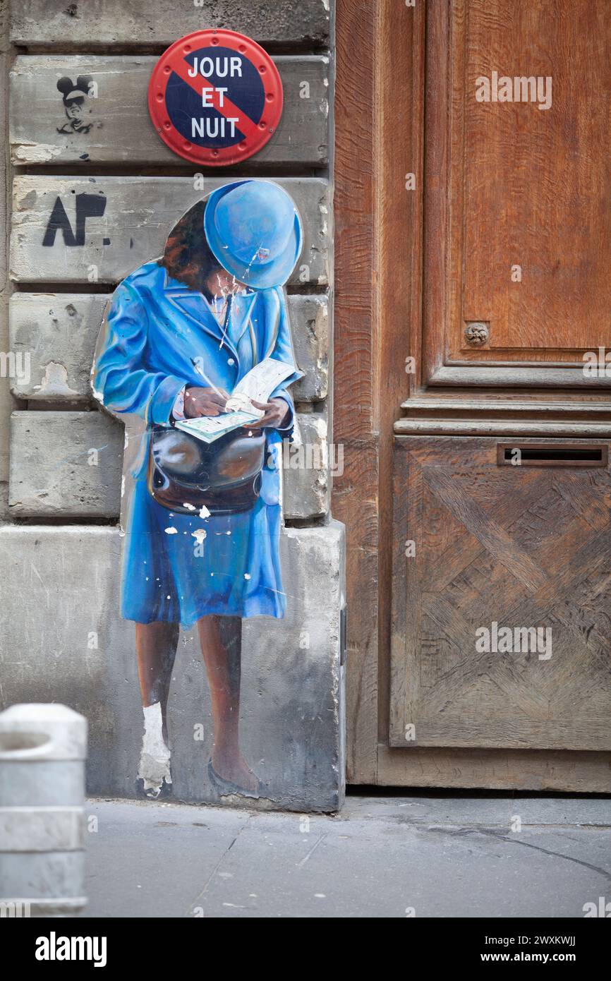 Oeuvre d'art représentant une Pervenche préparant un droit de stationnement dans un steet de la rue des Ternes à Paris Banque D'Images