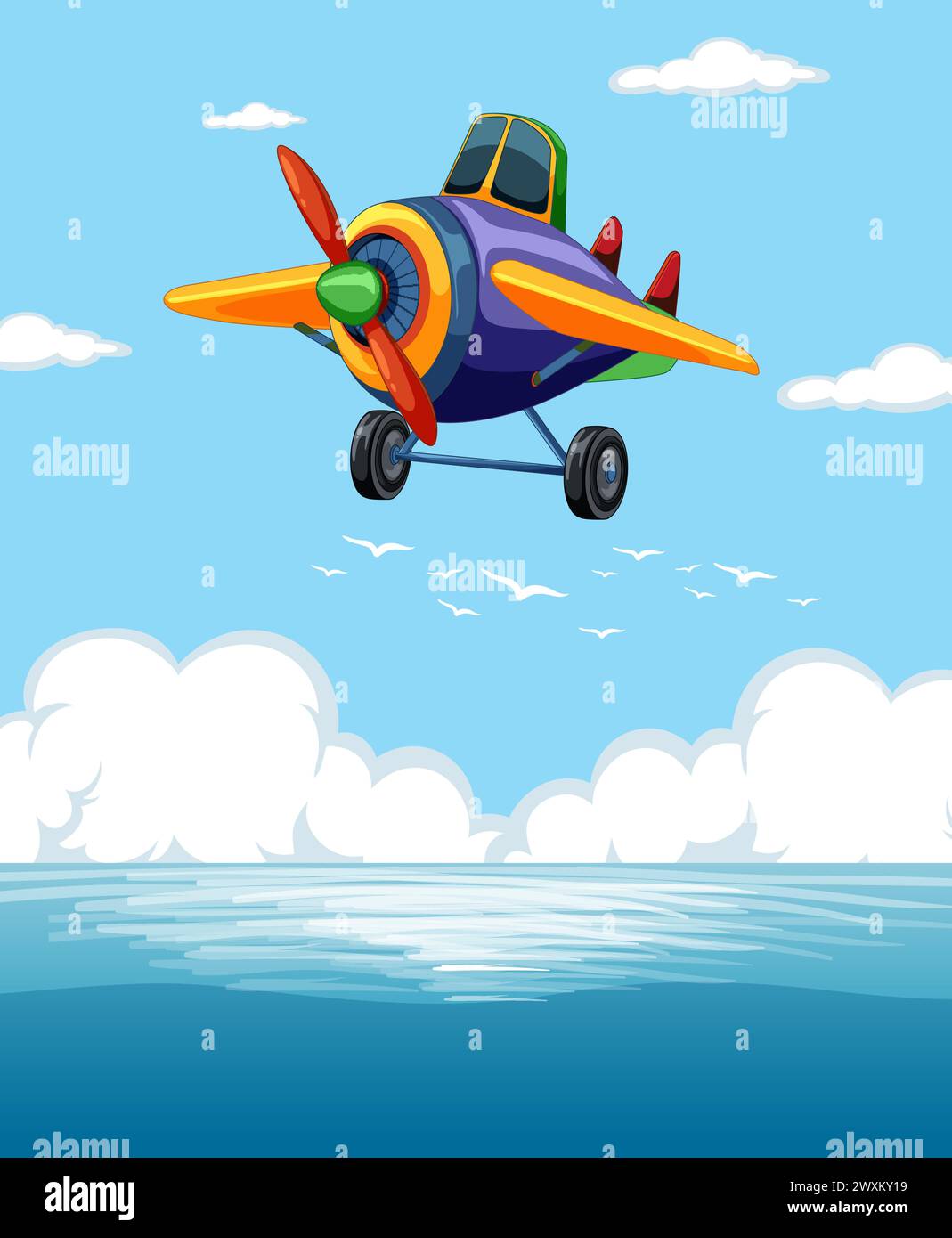 Avion vibrant volant au-dessus des eaux bleues sereines Illustration de Vecteur