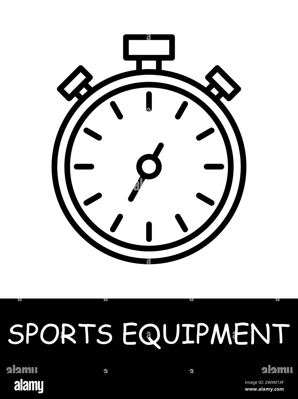 Icône de ligne du chronomètre. Équipement sportif, bâton de hockey, basket-ball, raquette de tennis, volley-ball, gants de boxe, barre, haltères, corde à sauter, skis. Vecteur Illustration de Vecteur