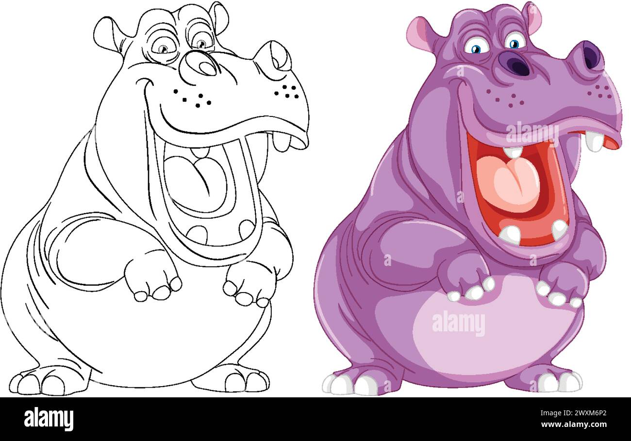 Personnages colorés et esquissés de dessins animés hippopotames Illustration de Vecteur