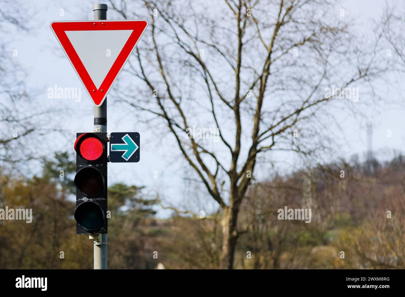 Rotlicht Ampel mit gruenem Pfeil, Symbolbild für Verkehr, Verkehrsregelung, Ampelanlage, Rechtsabbiegen BEI Rot, Grüner Pfeil, Verkehrszeichen, Sonderregelung, Straßenverkehr, Ampelphasen, Rechtsabbiegen erlaubt, Besondere Verkehrssituation *** feu rouge avec flèche verte, symbole pour la circulation, règlement de la circulation, système de feux de circulation, tourner à droite sur rouge, flèche verte, panneau de signalisation, règlement spécial, circulation routière, phases de feux de circulation, virage à droite autorisé, situation particulière de la circulation Copyright : xGrantxHubbsx Banque D'Images