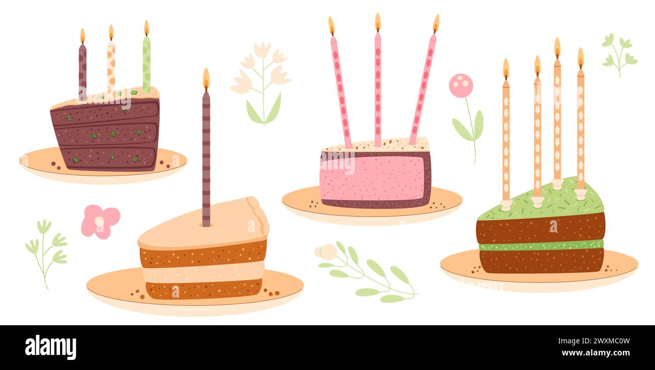 Ensemble de portions de gâteaux d'anniversaire isolé. Collection sucrée de pièces de boulangerie des fêtes. Pâtisserie chocolat fruits, tranches de dessert de baies avec des bougies pour le petit déjeuner. Illustration de Vecteur