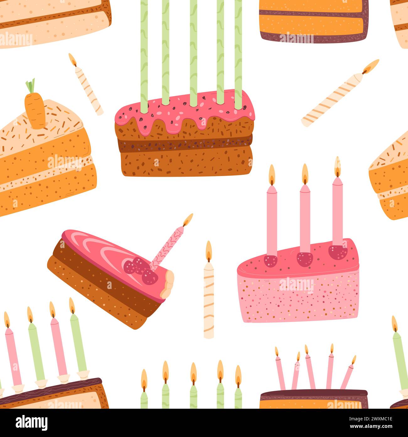 Gâteaux d'anniversaire avec des bougies sans couture motif. Célébration divers gâteries de boulangerie. Tranches de dessert de pâtisserie de vacances avec fond sans fin de crème. VEC Illustration de Vecteur