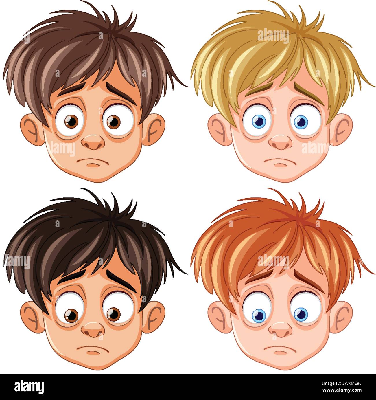 Quatre garçons de dessin animé avec diverses couleurs de cheveux et expressions. Illustration de Vecteur