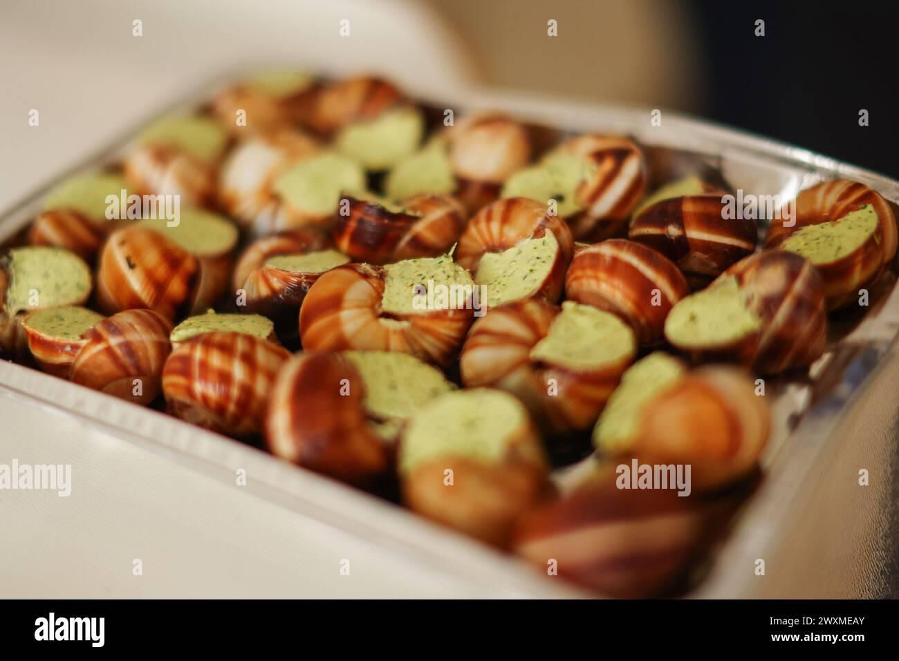 escargots prêts à cuire avec du beurre et des herbes Banque D'Images