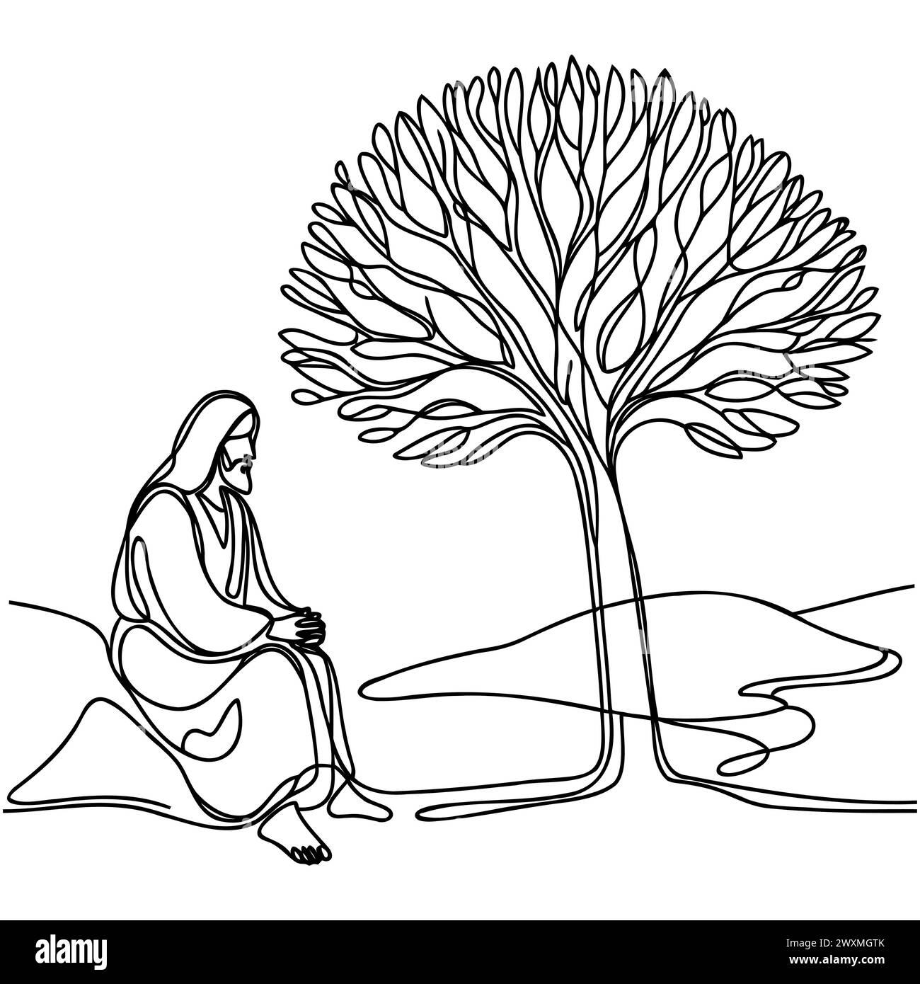 Une ligne pleine représente Jésus-Christ assis sous un arbre. Contour isolé sur fond blanc. Illustration vectorielle Illustration de Vecteur