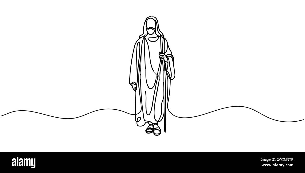 Une ligne continue représente Jésus-Christ. Contour isolé sur fond blanc. Illustration vectorielle. Illustration de Vecteur