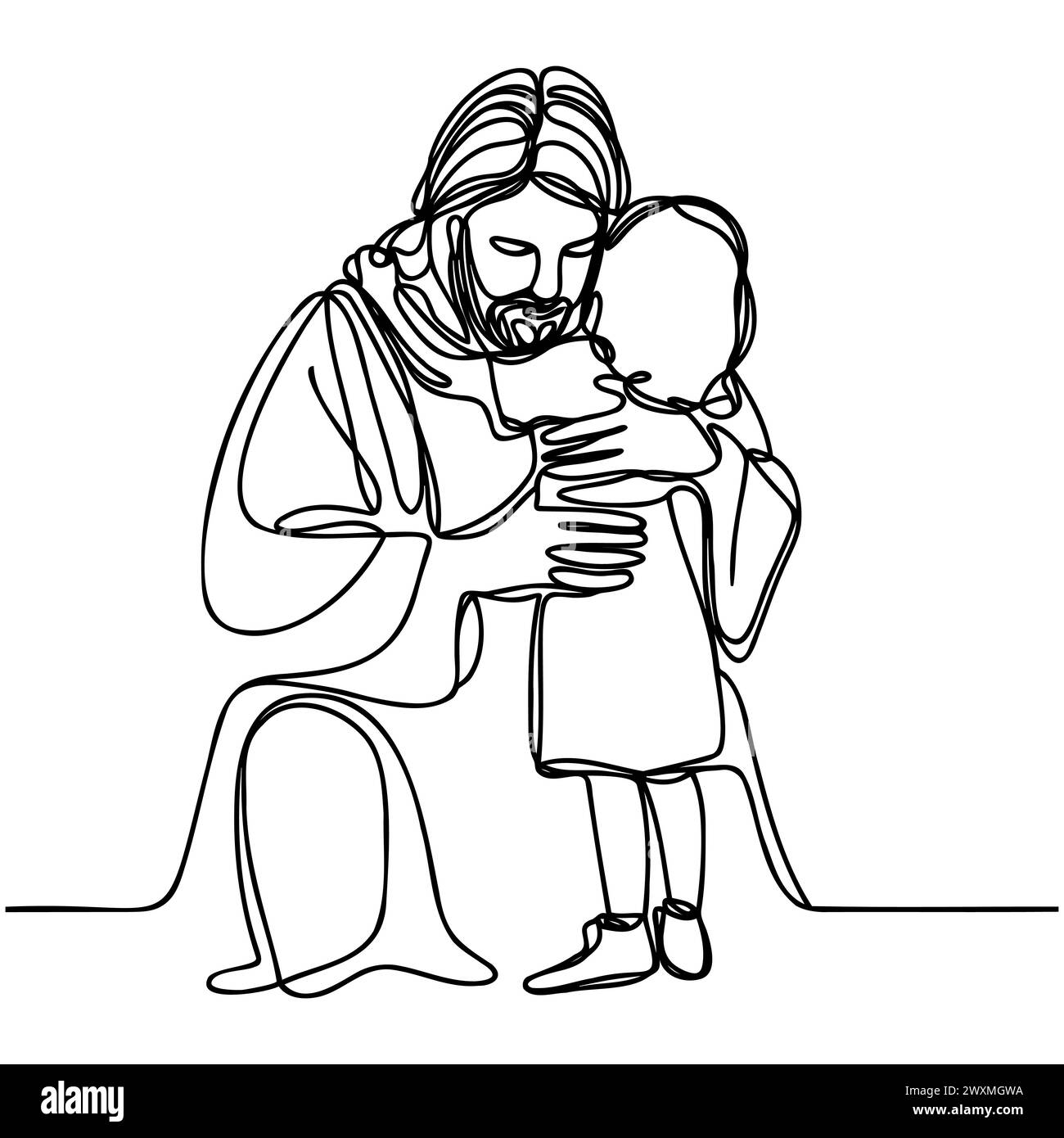 Dessin continu d'une ligne de Jésus Christ serrant un enfant. Illustration vectorielle. Illustration de Vecteur