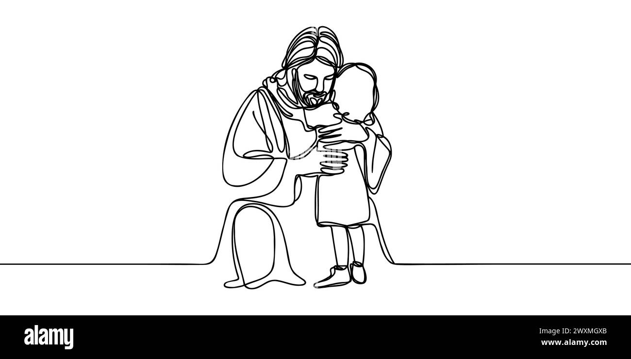 Dessin continu d'une ligne de Jésus Christ serrant un enfant. Illustration vectorielle. Illustration de Vecteur