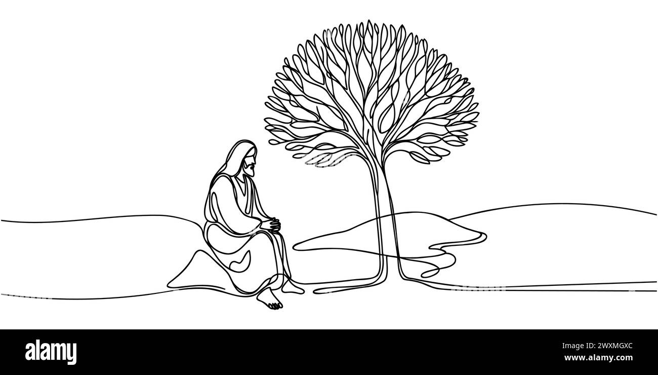 Une ligne pleine représente Jésus-Christ assis sous un arbre. Contour isolé sur fond blanc. Illustration vectorielle Illustration de Vecteur