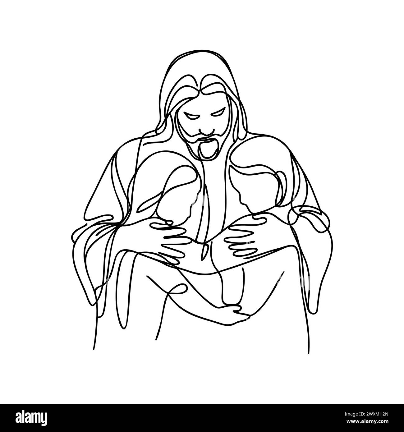 Dessin continu d'une ligne de Jésus Christ serrant un enfant. Illustration vectorielle. Illustration de Vecteur