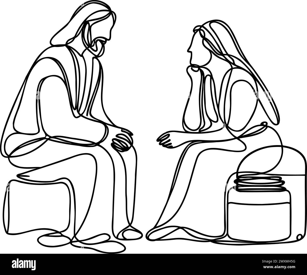 Dessin continu d'une ligne de Jésus-Christ, assis et parlant à une fille samoritaine. Illustration vectorielle . Illustration de Vecteur