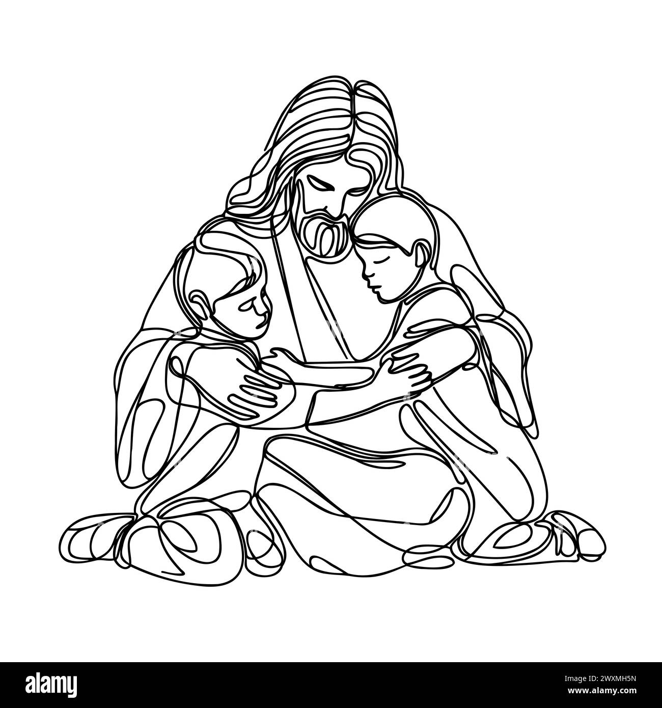 Dessin continu d'une ligne de Jésus Christ serrant un enfant. Illustration vectorielle. Illustration de Vecteur