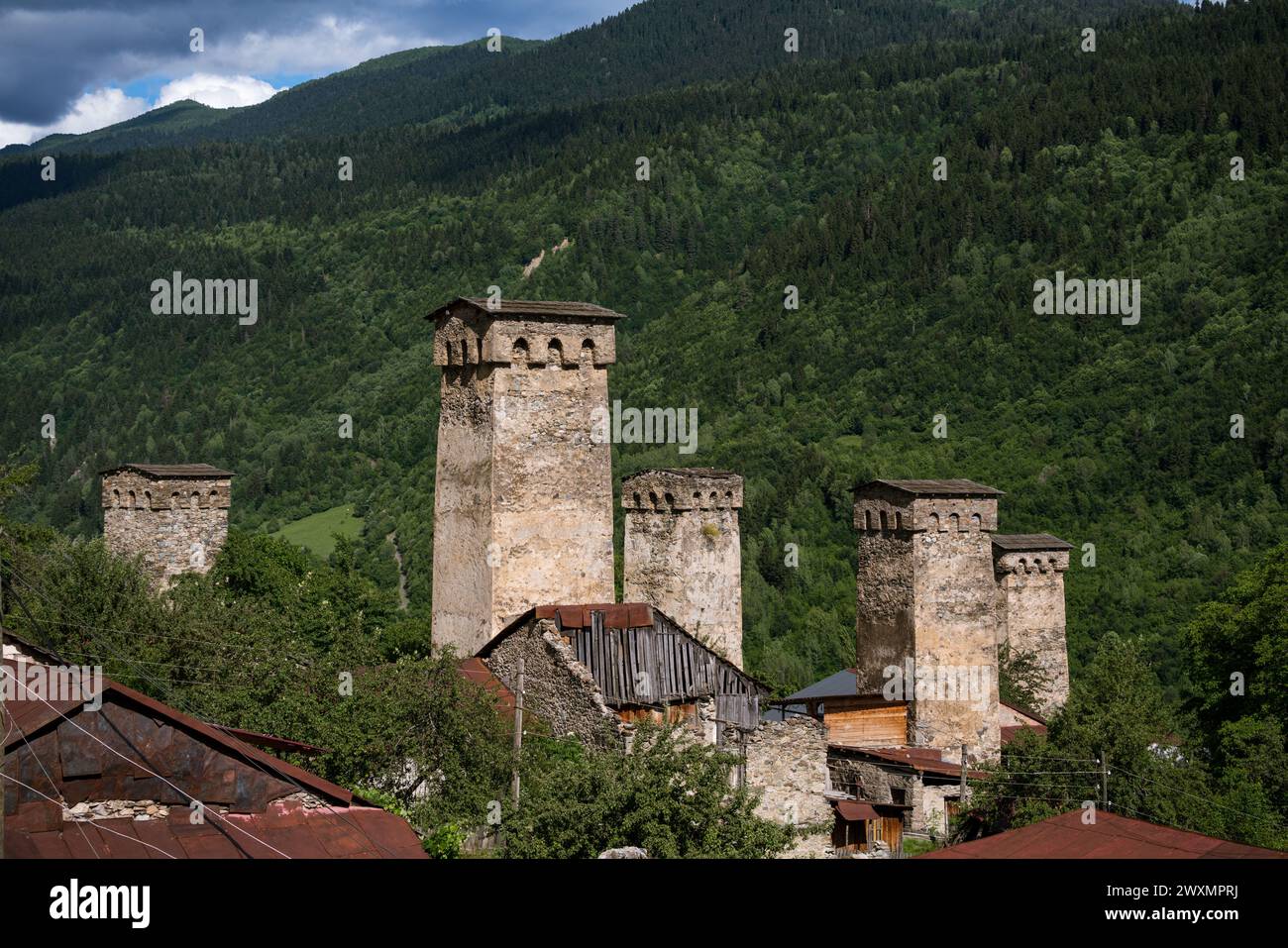 Tours Svan dans le village de Lenjeri, région de Svaneti en Géorgie Banque D'Images