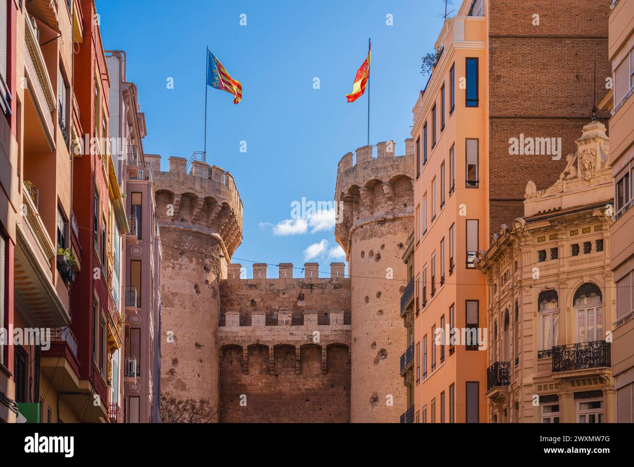 Tours quart, monument historique, ancienne porte du quartier de la vieille ville, Valence, Espagne Banque D'Images