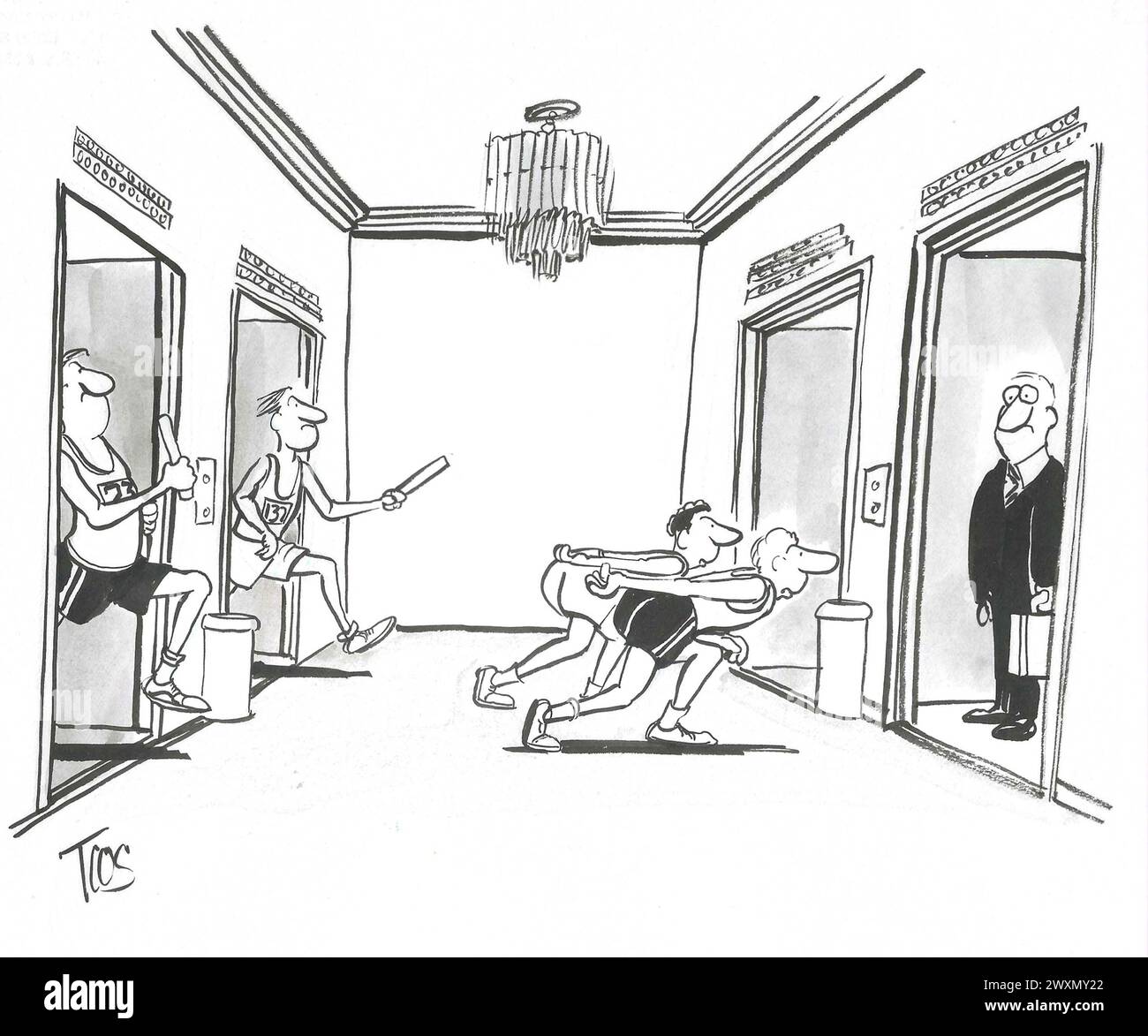 Dessin animé BW d'une équipe d'athlétisme masculine, via un ascenseur, jusqu'au sommet de l'immeuble de bureaux de grande hauteur. Banque D'Images