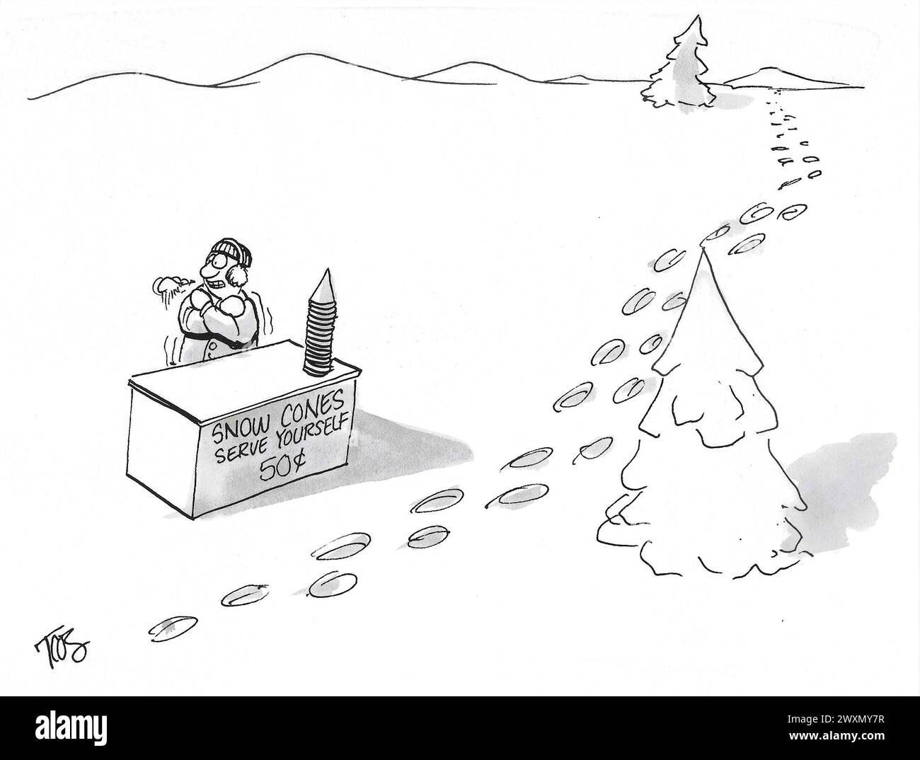 BW dessin animé d'un homme vendant des connes de neige, servez-vous, il n'a pas obtenu d'affaires. Banque D'Images
