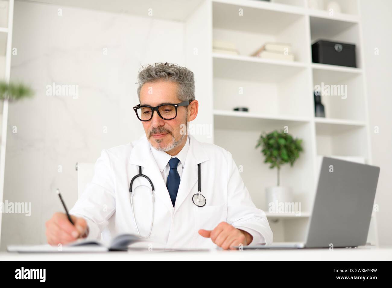 Médecin concentré aux cheveux gris prenant des notes tout en utilisant un ordinateur portable, en examinant les dossiers des patients ou la documentation médicale. Sa concentration reflète la diligence et l'expertise attendues dans les soins médicaux modernes Banque D'Images