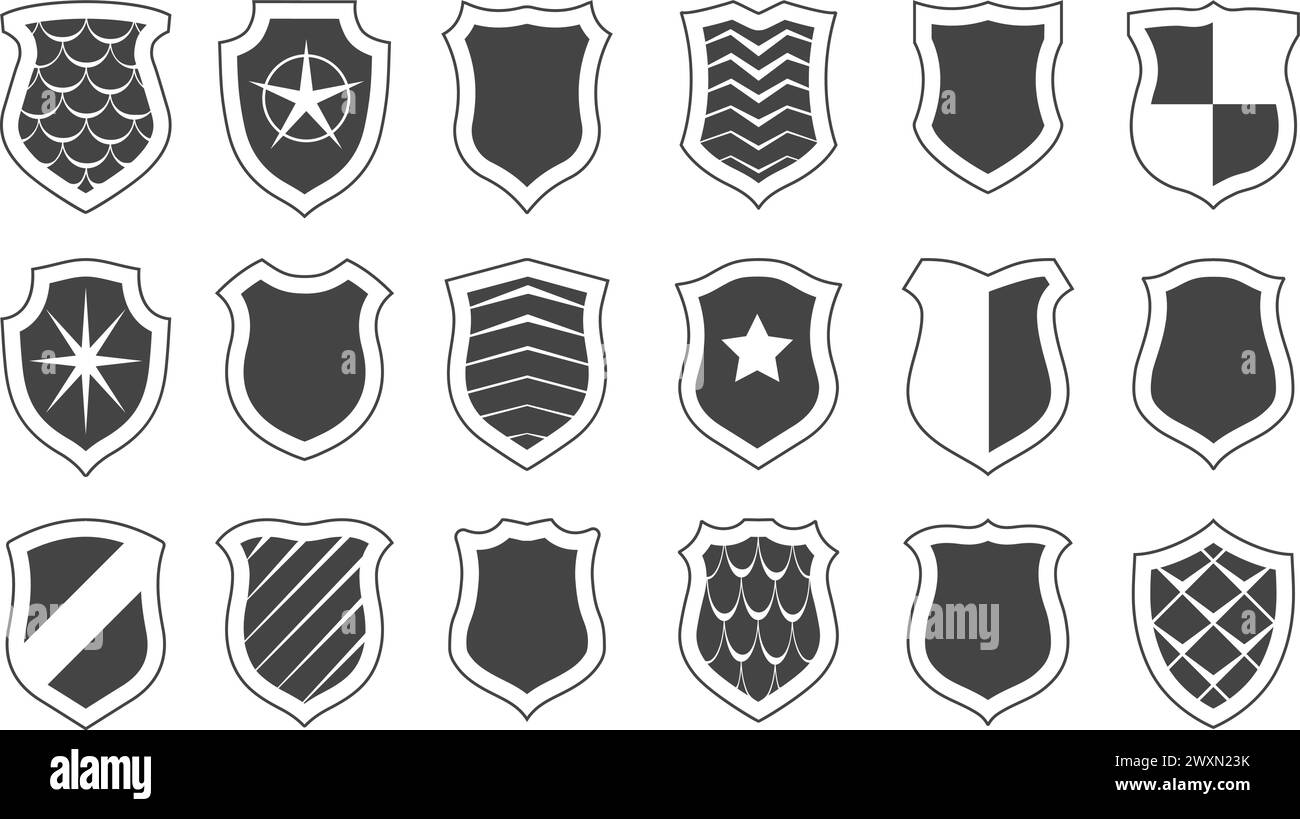 Boucliers militaires étiquettes de sécurité monochromes Illustration de Vecteur