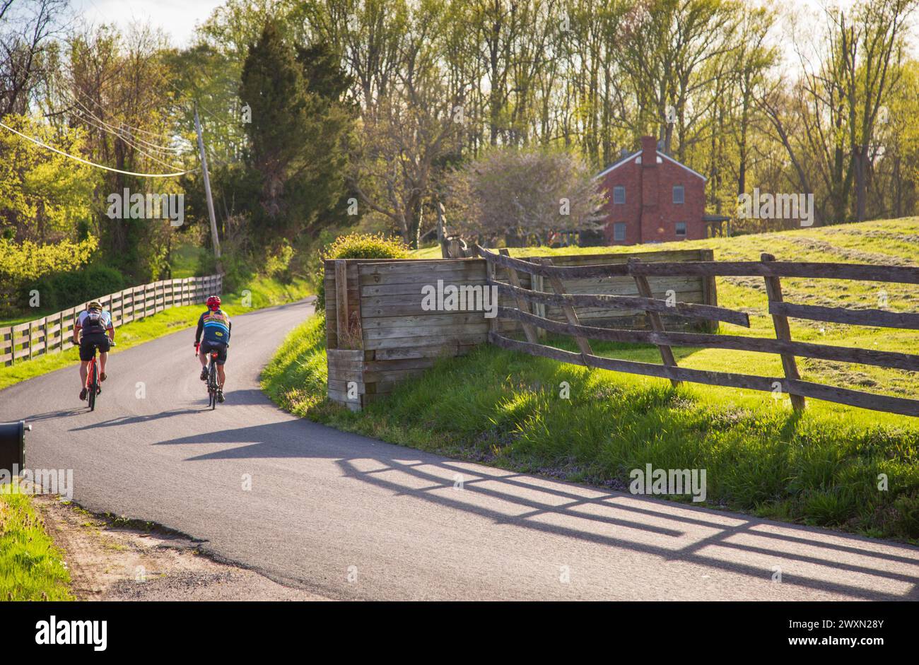 Deux motards sur la route de campagne, Tracys Landing Area, Chesapeake Bay, Maryland, États-Unis Banque D'Images