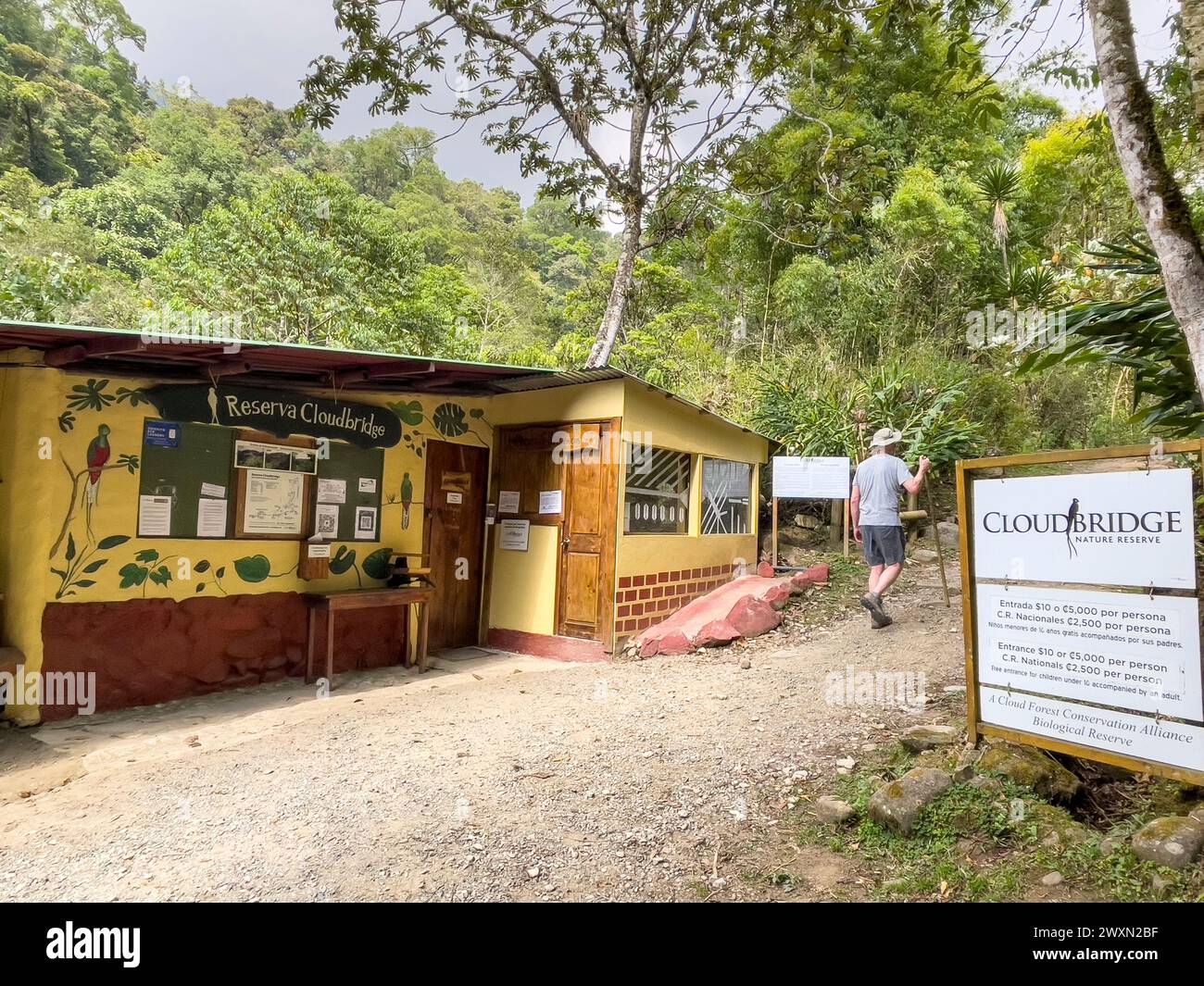 Randonneur à l'entrée de la réserve Cloudbridge, adjacente au cerro chirripo dans les montagnes Talamanca, près de Rivas, Costa Rica Banque D'Images