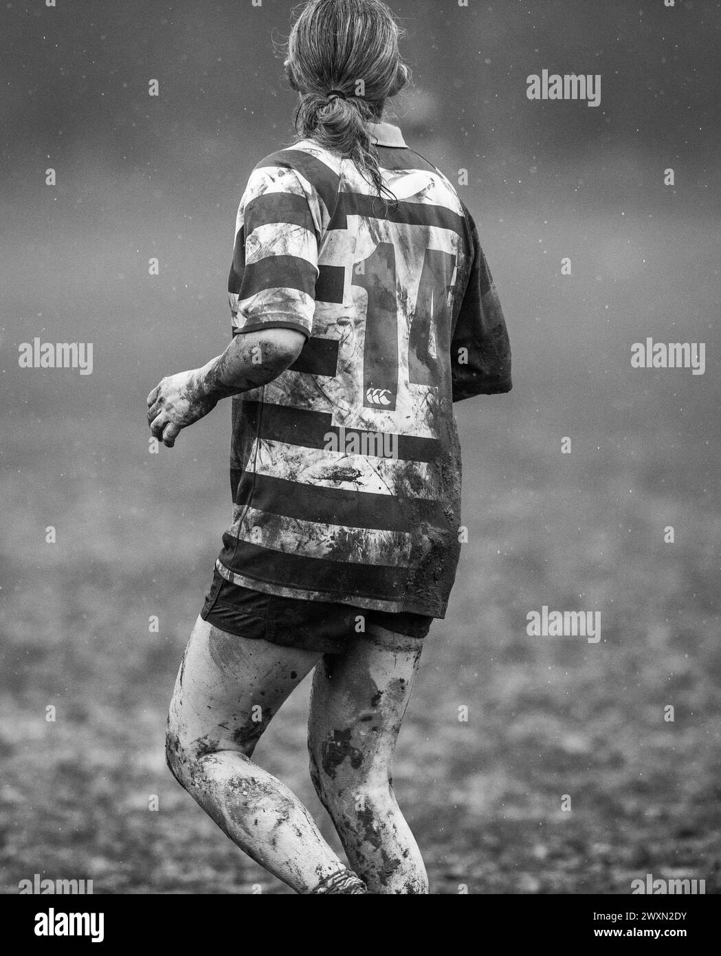 Anglais amateur rugby union jeu de femme jouant dans des conditions humides et boueuses et une chemise numéro 14. Banque D'Images