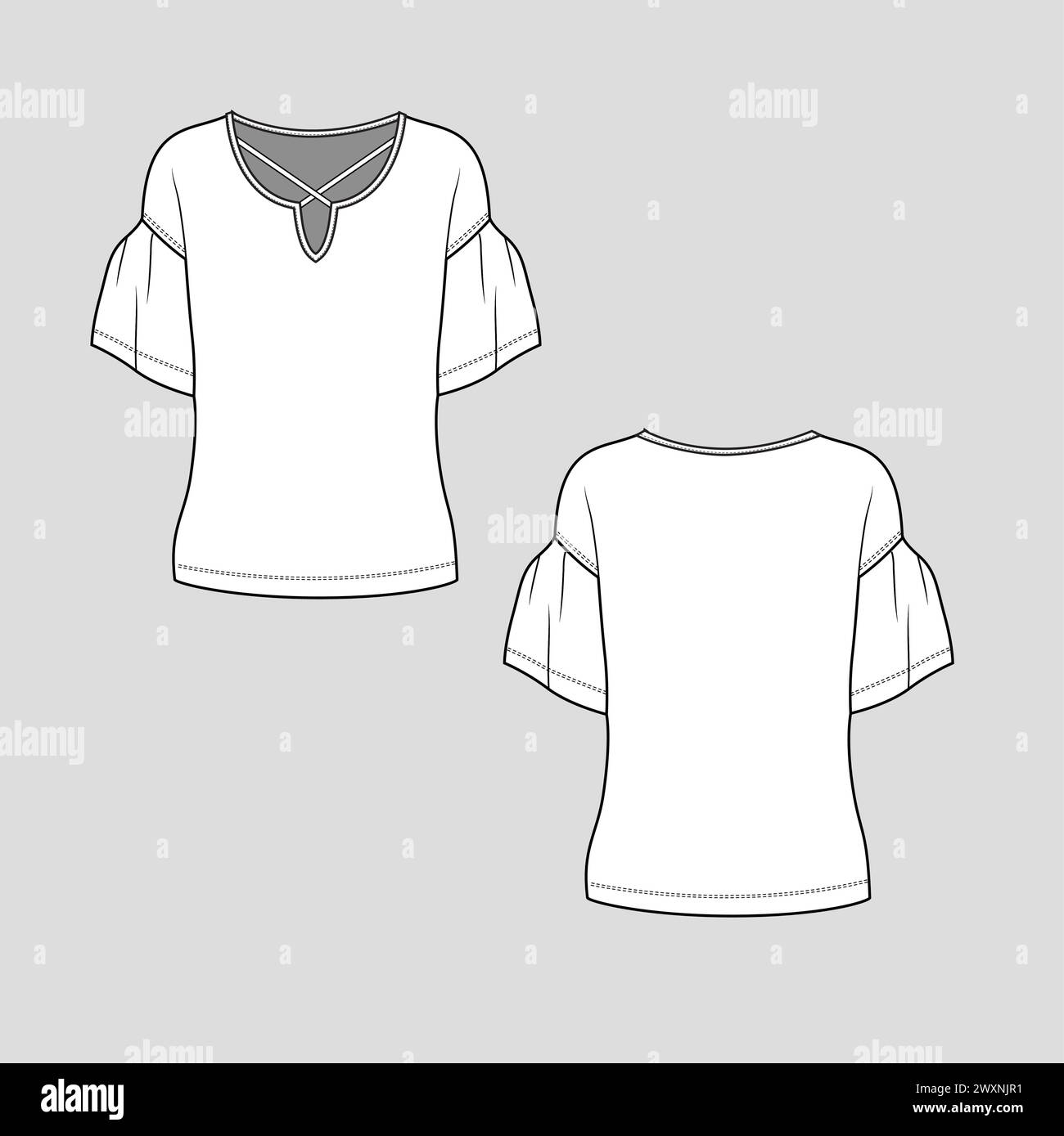 Femmes Bell Sleeve CRISS col cranté croisé chemisier haut t chemise esquisse plate dessin technique conception vectorielle Illustration de Vecteur