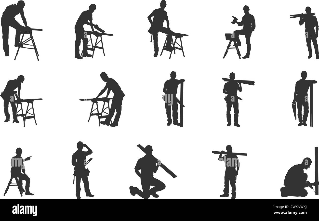 Silhouette de charpentier, silhouette de travail de charpentier, silhouette de personnes de charpentier, ensemble de vecteurs de charpentier Illustration de Vecteur