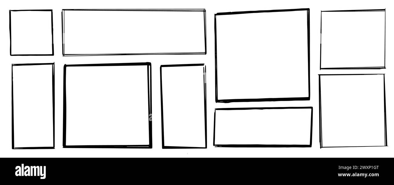 Cadre de cadre rectangle, bordure grunge de bord, zone de texte texturée isolée sur fond blanc. Trait décoratif dessiné à la main, icône de croquis vintage. Illustration vectorielle Illustration de Vecteur