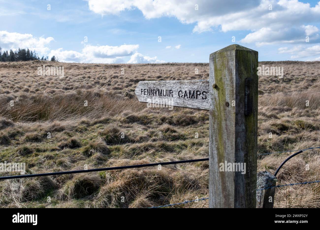 Panneau indiquant Pennymuir Roman camps, près de Jedburgh, Scottish Borders, Royaume-Uni Banque D'Images Panneau indiquant Pennymuir Roman camps, près de Jedburgh, Scottish Borders, Royaume-Uni Banque D'Images