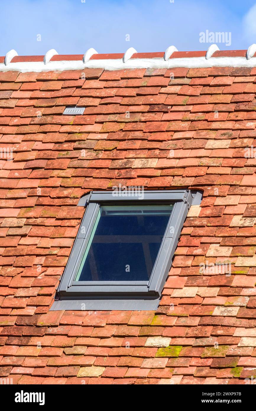 Nouvelle construction de toiture avec tuiles en terre cuite et fenêtres Velux - Preuilly-sur-Claise, Indre-et-Loire (37), France. Banque D'Images