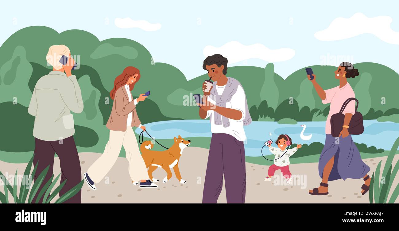 Les gens utilisent des gadgets dans le parc. Hommes et femmes marchant avec des téléphones. Fille tirant des vidéos et lisant des messages en ligne. Gars écoutant de la musique avec un casque Illustration de Vecteur