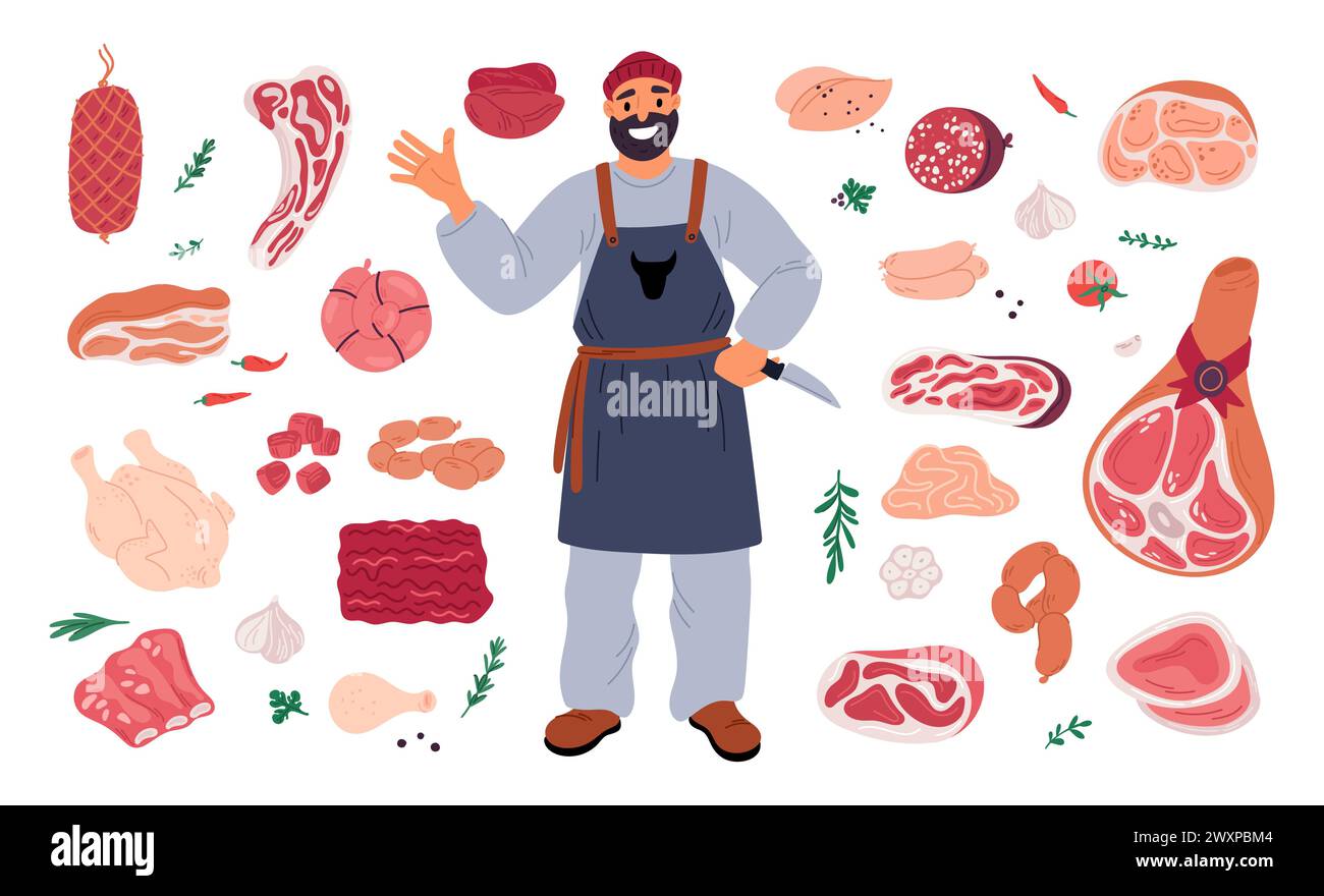 Boucher de dessin animé avec de la viande. Charcuterie de ferme. Homme dans le tablier avec couteau. Produits animaux. Jambon ou saucisses. Bacon de porc. Côtes et filet frais Illustration de Vecteur