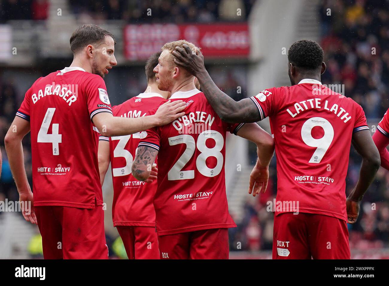 Middlesbrough, Royaume-Uni. 01st Apr, 2024. L'attaquant de Middlesbrough Emmanuel Latte Lath (9), le milieu de terrain de Middlesbrough Lewis O'Brien (28), le milieu de terrain de Middlesbrough Dan Barlaser (4) célèbre le défenseur de Sheffield mercredi Michael Ihiekwe (20) marquant son propre but 1-0 lors du match Middlesbrough FC vs Sheffield mercredi FC Sky Bet EFL Championship au Riverside Stadium, Middlesbrough, Angleterre, Royaume-Uni le 1er avril 2024 crédit : Every second Media/Alamy Live News Banque D'Images