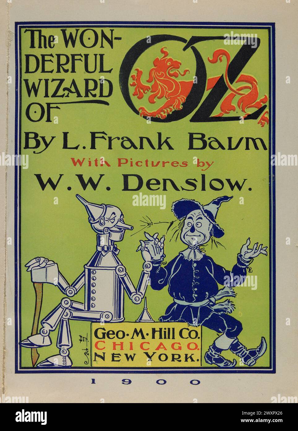 Livre Vintage illustré page de titre en couleur pour la première édition de The Wonderful Wizard of Oz de Frank Baum, 1900. Œuvre de William W. Denslow Banque D'Images